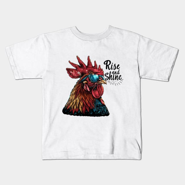 Rise and Shine - Rooster (with Black Lettering) Kids T-Shirt by VelvetRoom